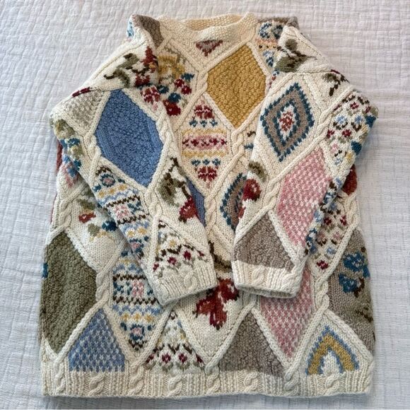 Laura Ashley 90’s Patchwork Chunky Sweater Small 100% Wool Cottage Core Whimsy - Picture 9 of 9